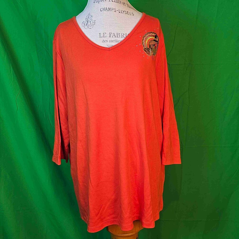 NWT Quacker Factory Womens‎ Orange Embellished Thanksgiving Turkey Tunic Top 2X